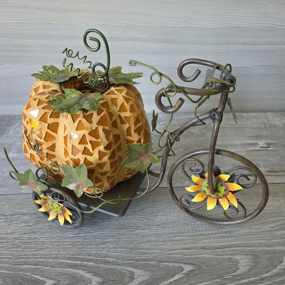 Autumn Mosaic Glass Pumpkin Tealight Holder on Metal Sunflower Tricycle Stand